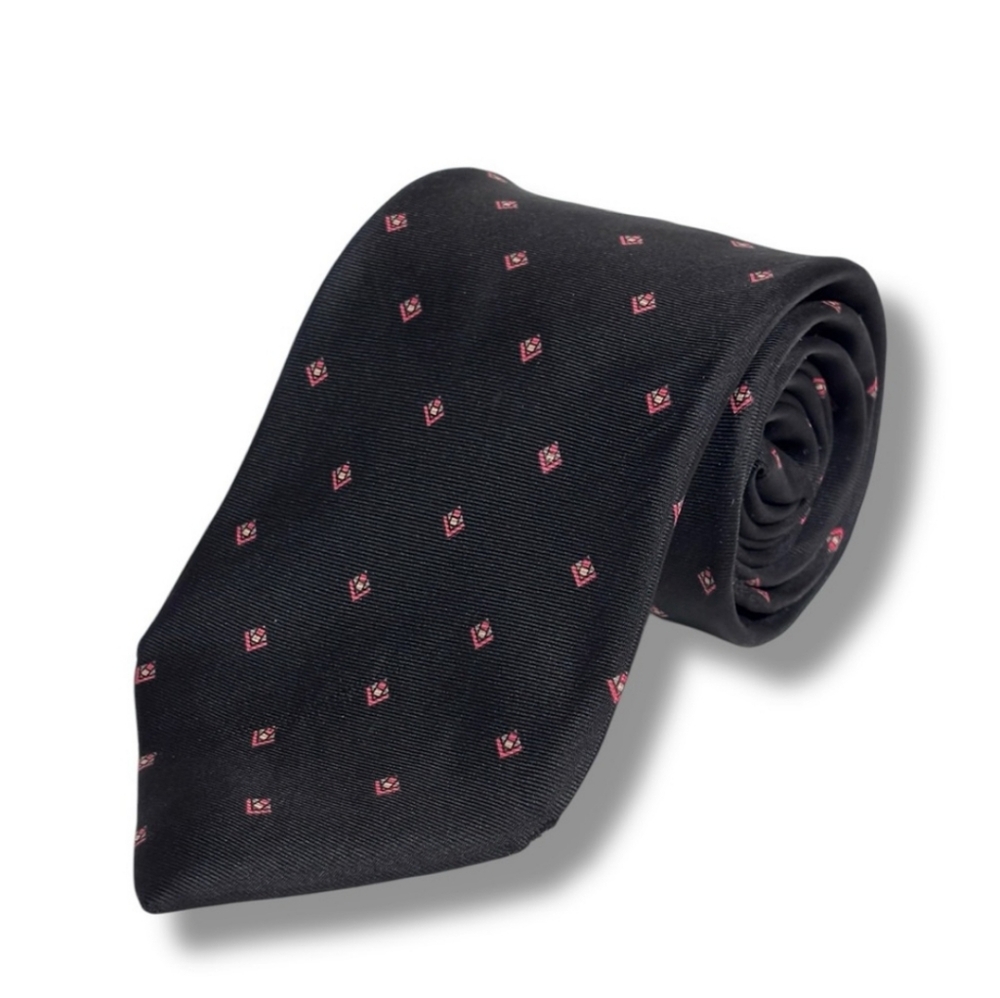CHRISTIAN DIOR Black Silk Tie Small Red Diamond Pattern VINTAGE
